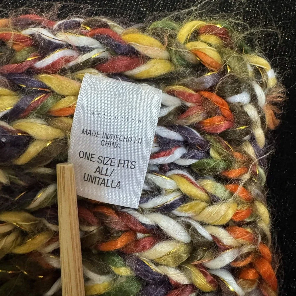 Attention Scarf Multicolor Chunky Knit Metallic Gold Thread Boho Winter Fall OS